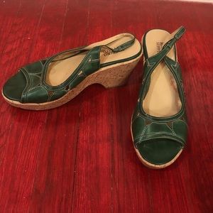 Hunter Green Wedged Open Toe Heels